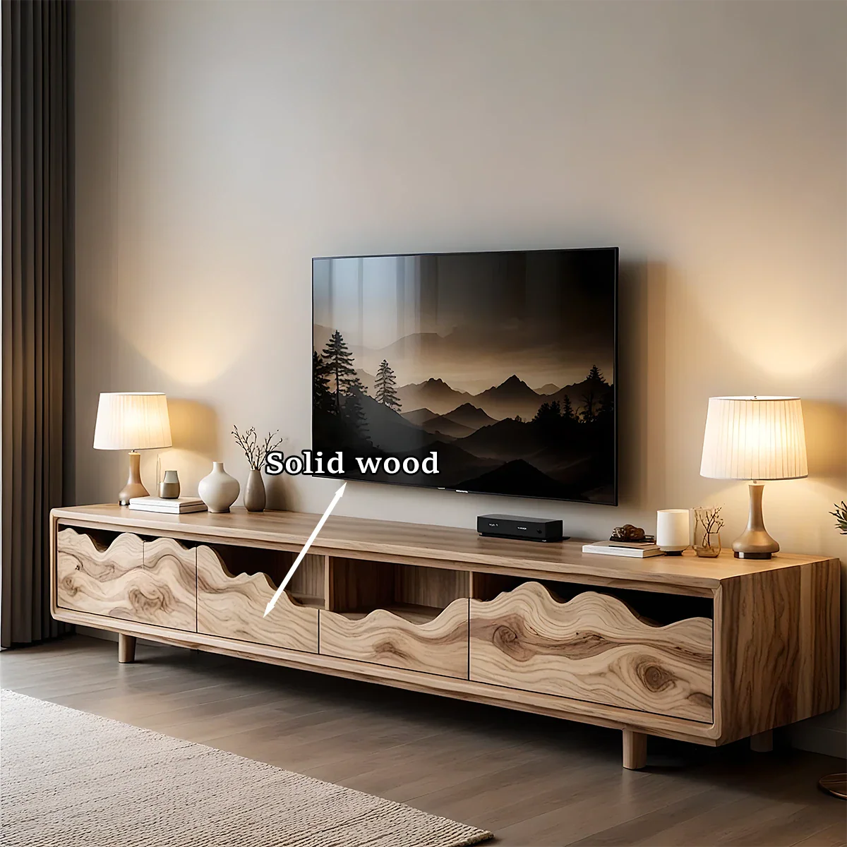 Solid Wood TV Stand with Wave Front Panels and Hidden Storage Drawers - ArborisWood - 11