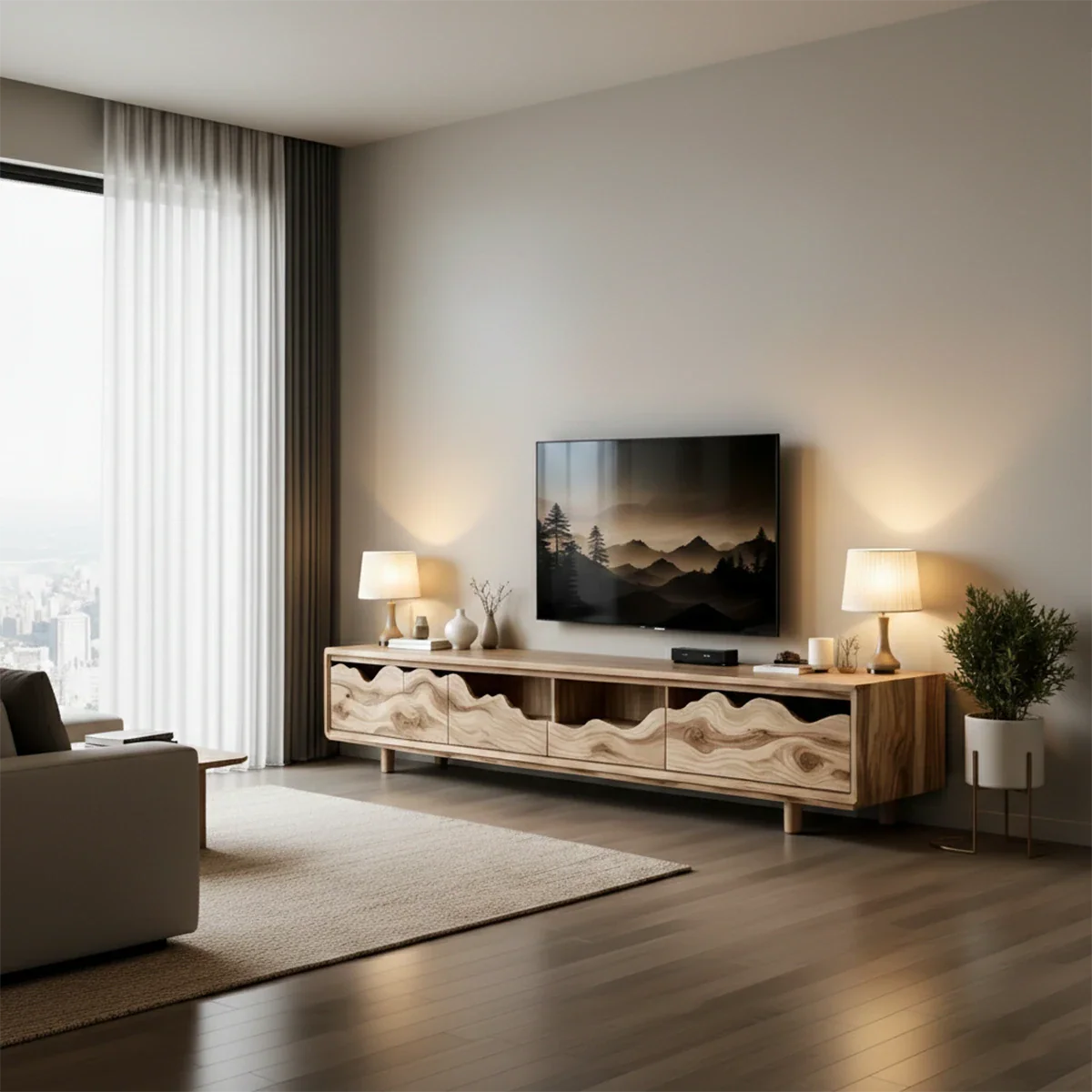 Solid Wood TV Stand with Wave Front Panels and Hidden Storage Drawers - ArborisWood - 3