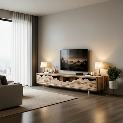 Solid Wood TV Stand with Wave Front Panels and Hidden Storage Drawers - ArborisWood - 3