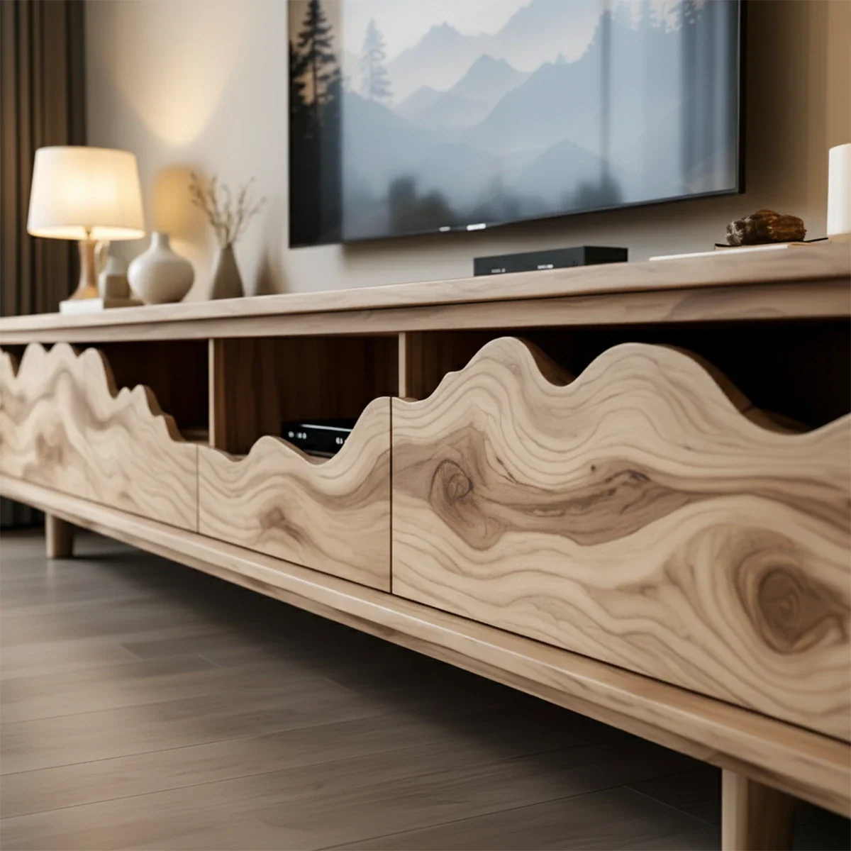 Solid Wood TV Stand with Wave Front Panels and Hidden Storage Drawers - ArborisWood - 4