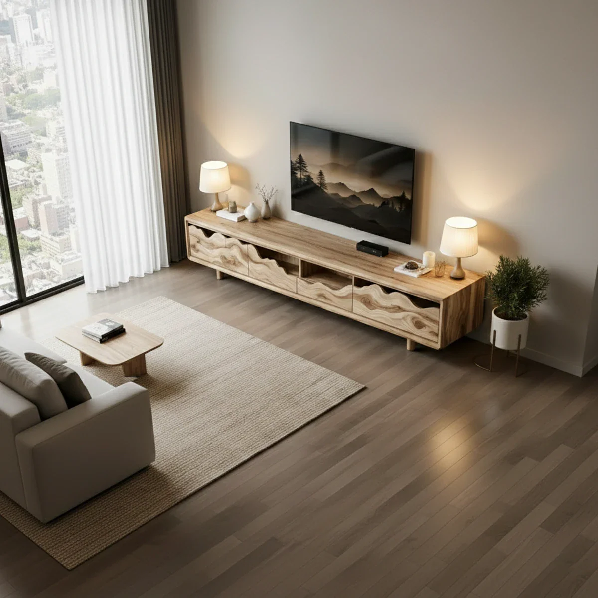 Solid Wood TV Stand with Wave Front Panels and Hidden Storage Drawers - ArborisWood - 6