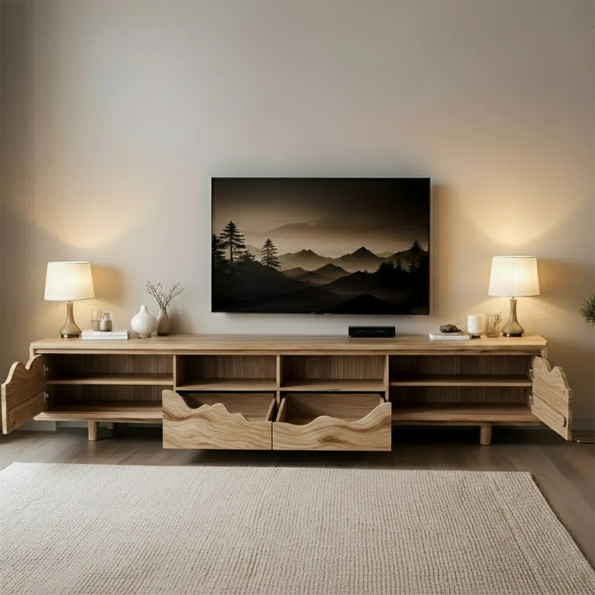 Solid Wood TV Stand with Wave Front Panels and Hidden Storage Drawers - ArborisWood - 7