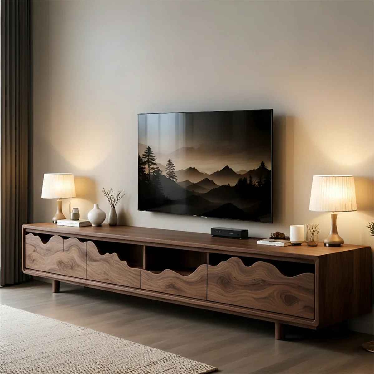 Solid Wood TV Stand with Wave Front Panels and Hidden Storage Drawers - ArborisWood - 9