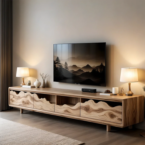 Solid Wood TV Stand with Wave Front Panels and Hidden Storage Drawers - ArborisWood