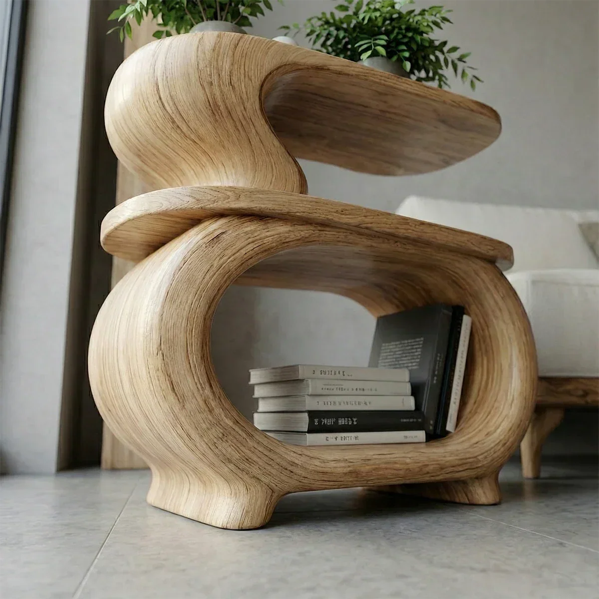 Solid Wood Two Tier Side Table with Open Shelves and Organic Form - ArborisWood - 4