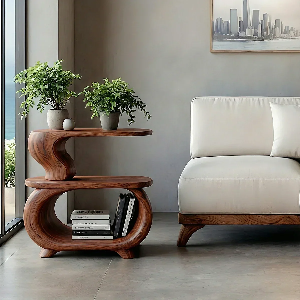 Solid Wood Two Tier Side Table with Open Shelves and Organic Form - ArborisWood - 6
