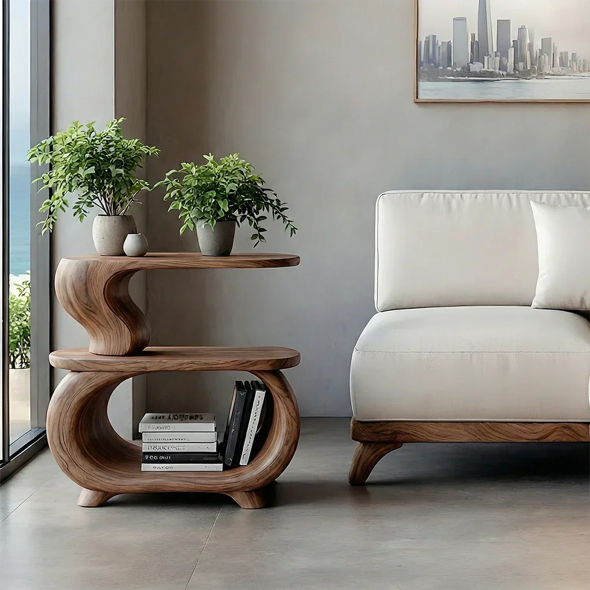 Solid Wood Two Tier Side Table with Open Shelves and Organic Form - ArborisWood - 7