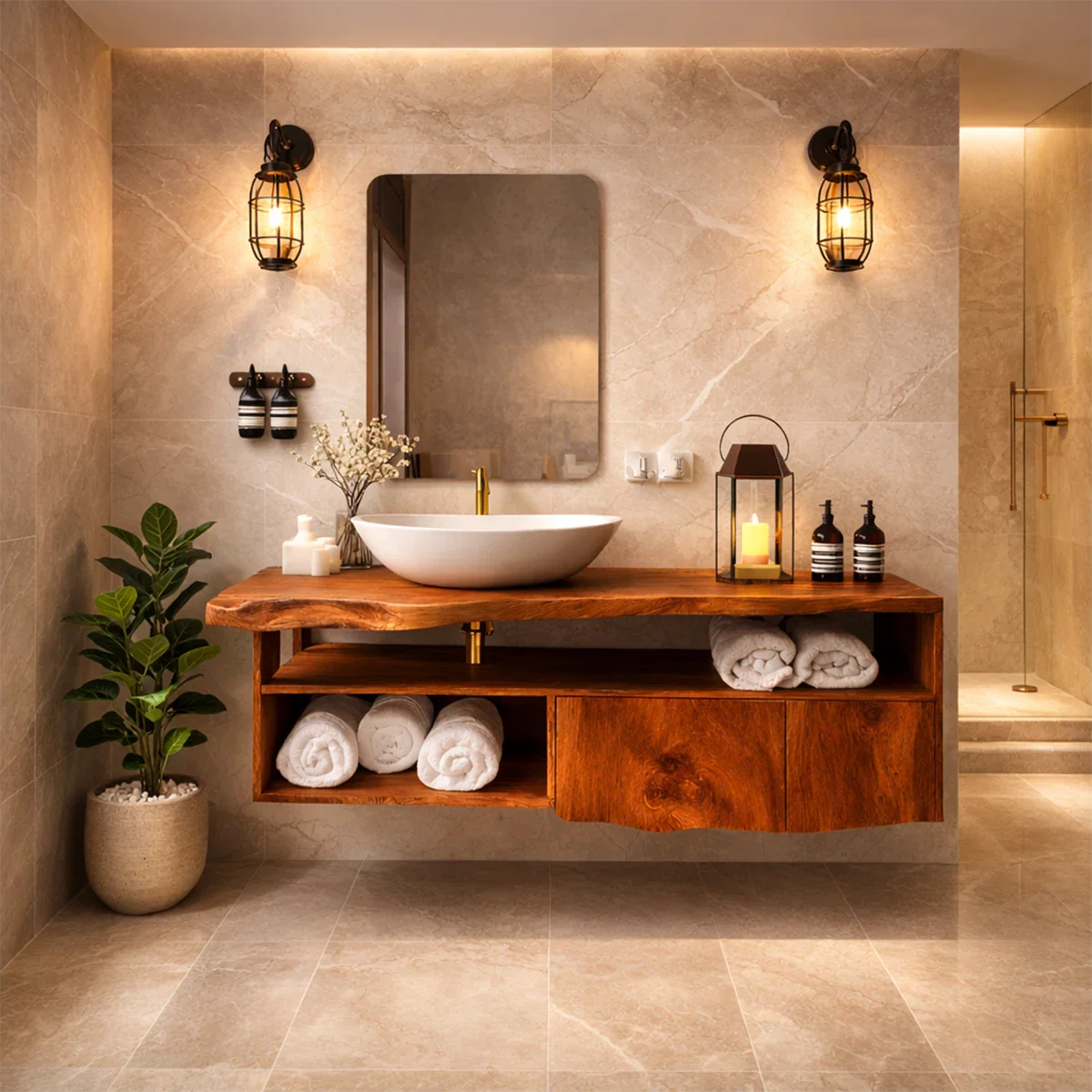 Spa style suar wood floating bathroom vanity with open storage shelf