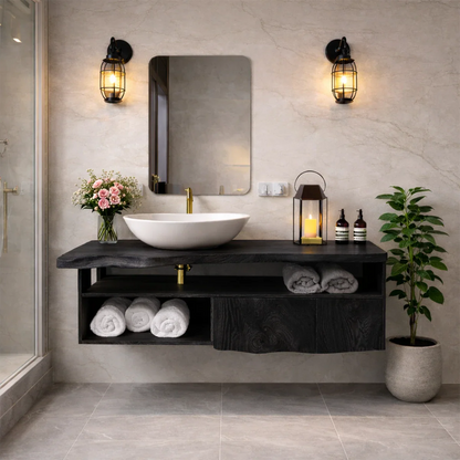 Premium suar wood floating bathroom vanity in spa style bathroom