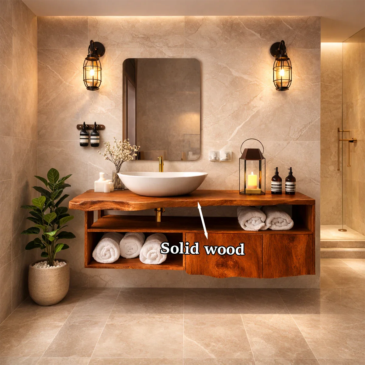 Minimal spa style suar wood floating bathroom vanity with wood cabinet