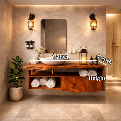 Rustic luxury suar wood floating bathroom vanity with open shelving