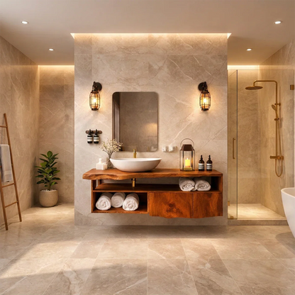 Natural suar wood floating bathroom vanity with vessel sink