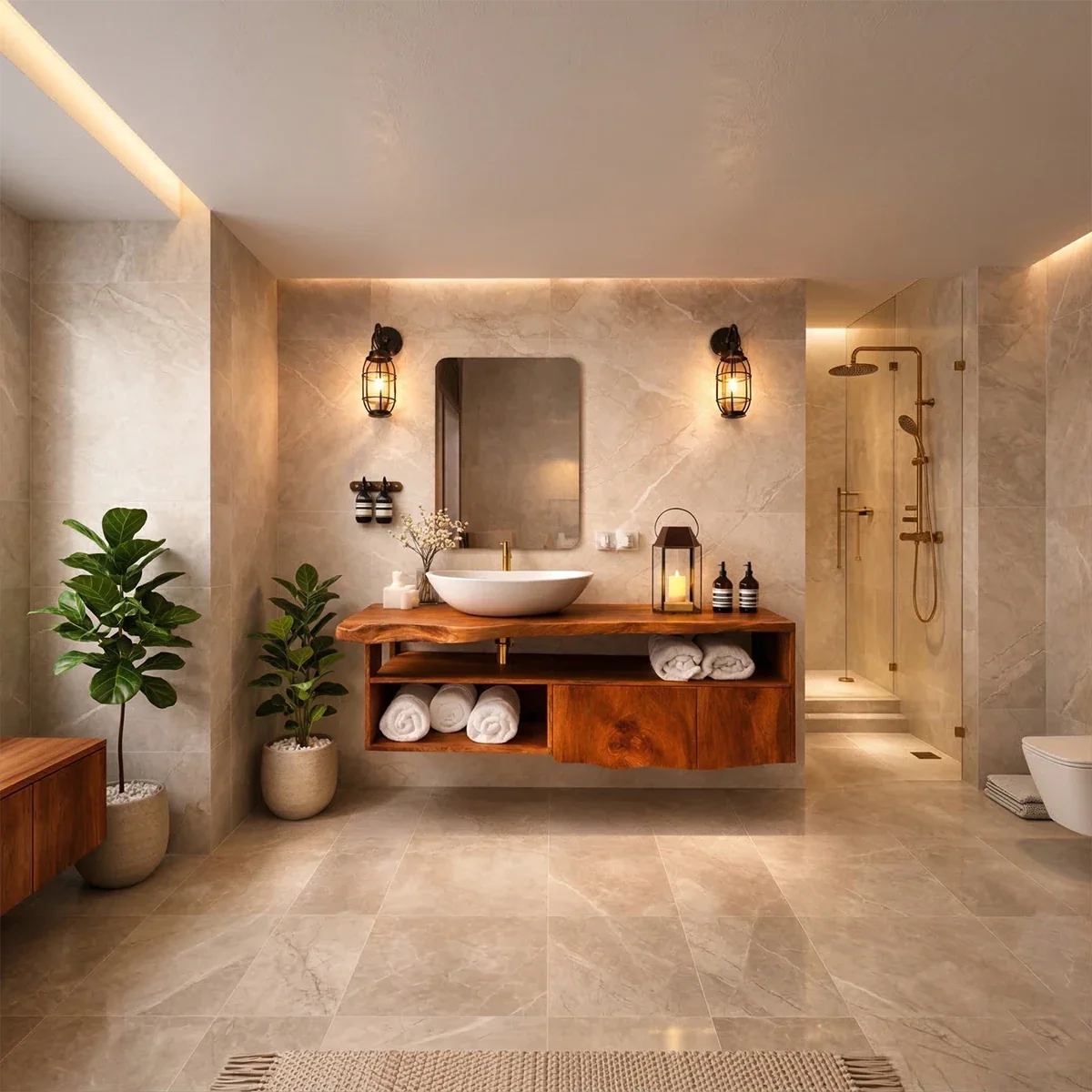 Spa inspired suar wood floating bathroom vanity in warm bathroom design