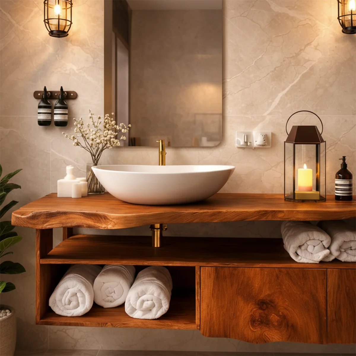 Solid suar wood floating bathroom vanity with towel storage shelf