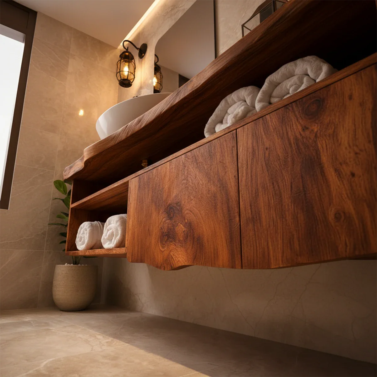 Wall mounted suar wood floating bathroom vanity with organic wood grain