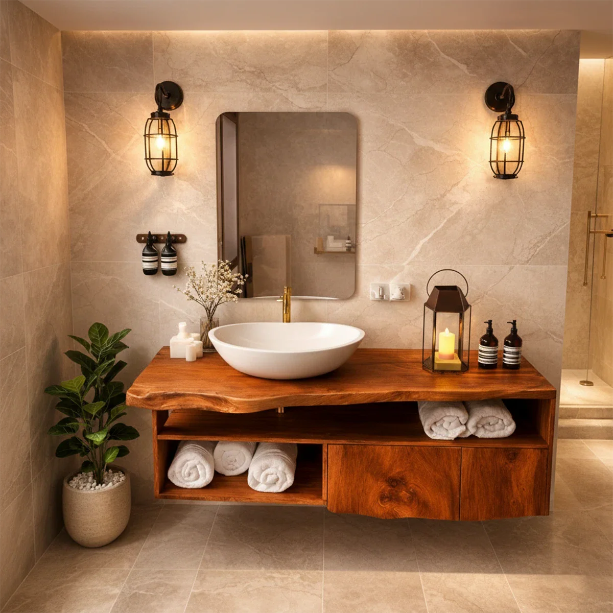 Luxury suar wood floating bathroom vanity with modern vessel basin