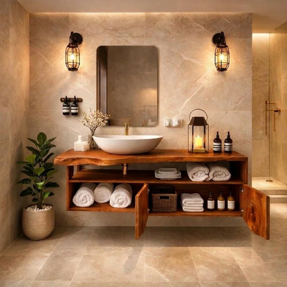 Contemporary suar wood floating bathroom vanity with open compartments