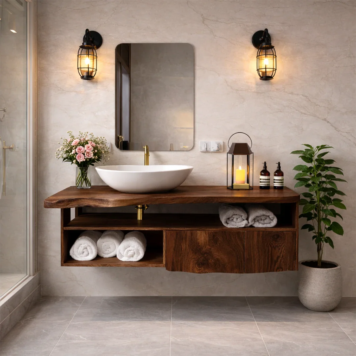 Elegant suar wood floating bathroom vanity with natural wood texture