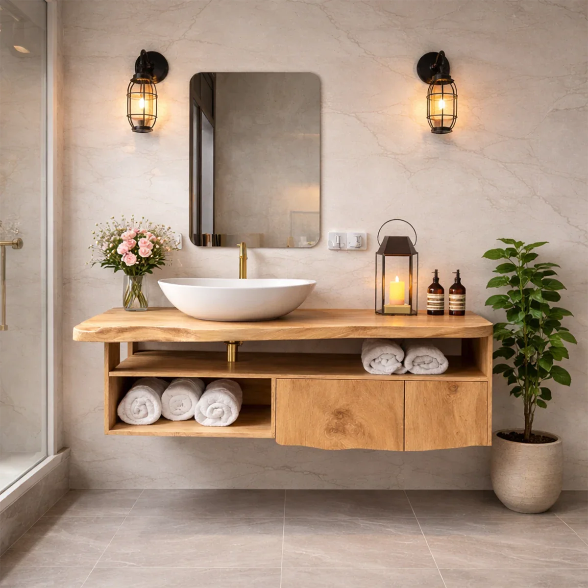 Designer suar wood floating bathroom vanity with storage space for towels