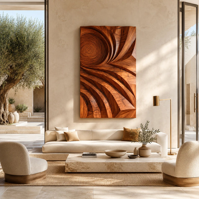 Vertical wall art with spiral carving and sweeping relief brings depth to a modern lounge