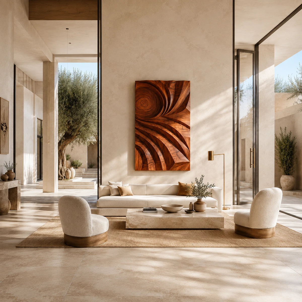 Above the sofa, this sculptural wall panel adds movement through layered flowing curves