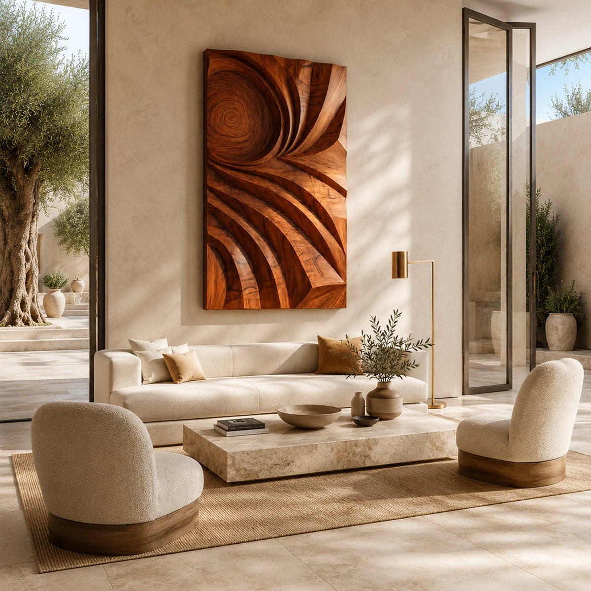 A tall abstract wall sculpture with carved arcs creates a bold focal point in open rooms