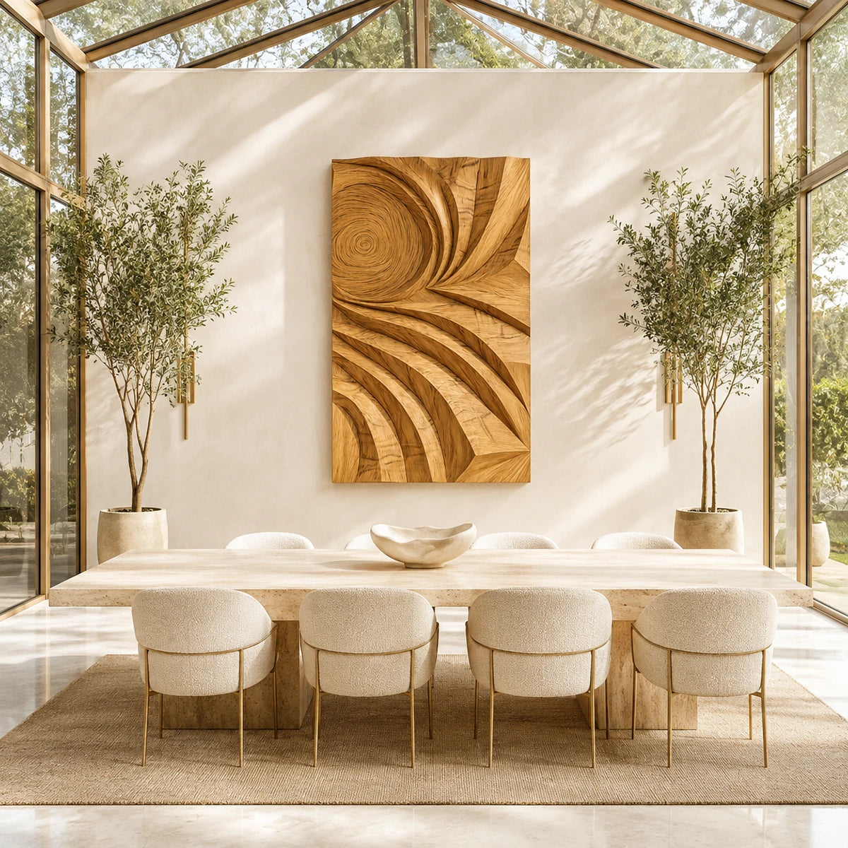 Mounted on a high wall, the carved panel introduces texture and visual flow to the room