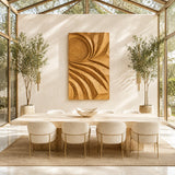 Mounted on a high wall, the carved panel introduces texture and visual flow to the room