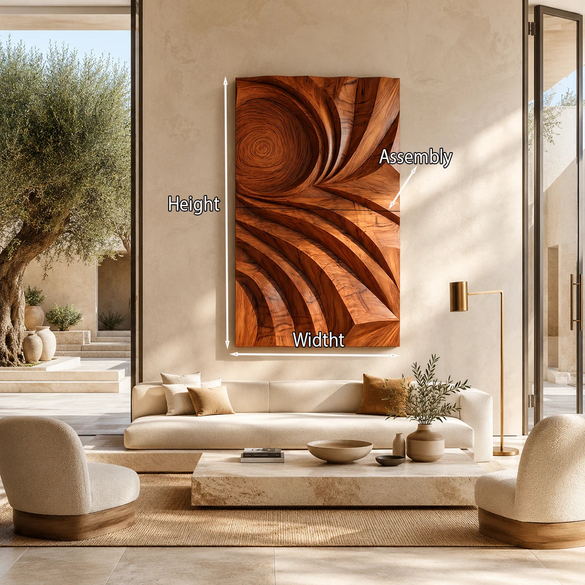 Large vertical wall decor with flowing relief details enhances a spacious living setting