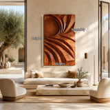 Large vertical wall decor with flowing relief details enhances a spacious living setting