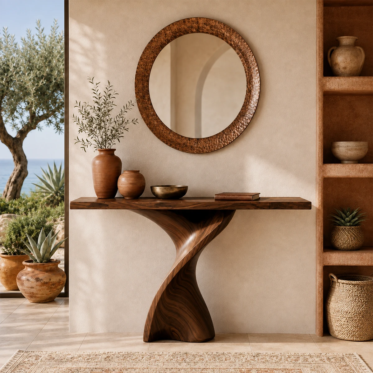 Luxury foyer table with an organic pedestal base and broad top for decor display