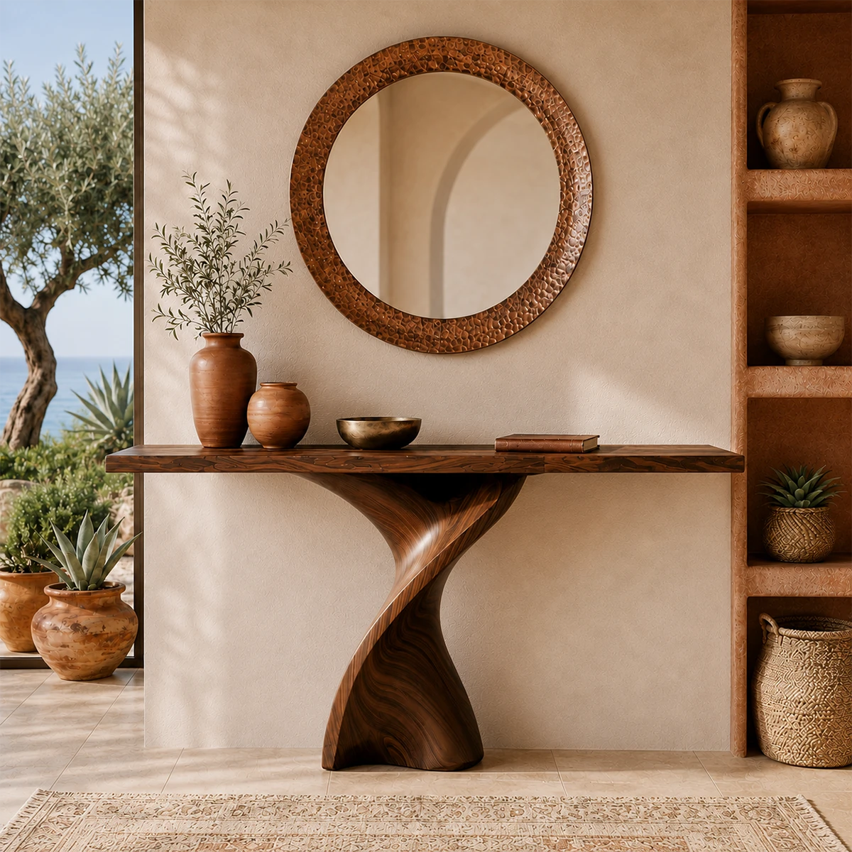 Contemporary console table showcases a fluid support design near coastal views indoors