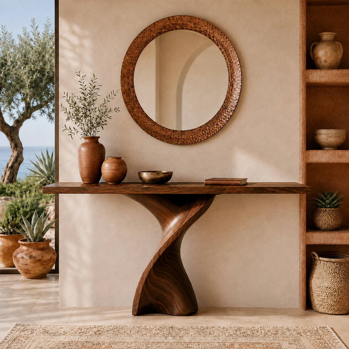 Wood tone console table with a striking spiral base and minimalist styling indoors