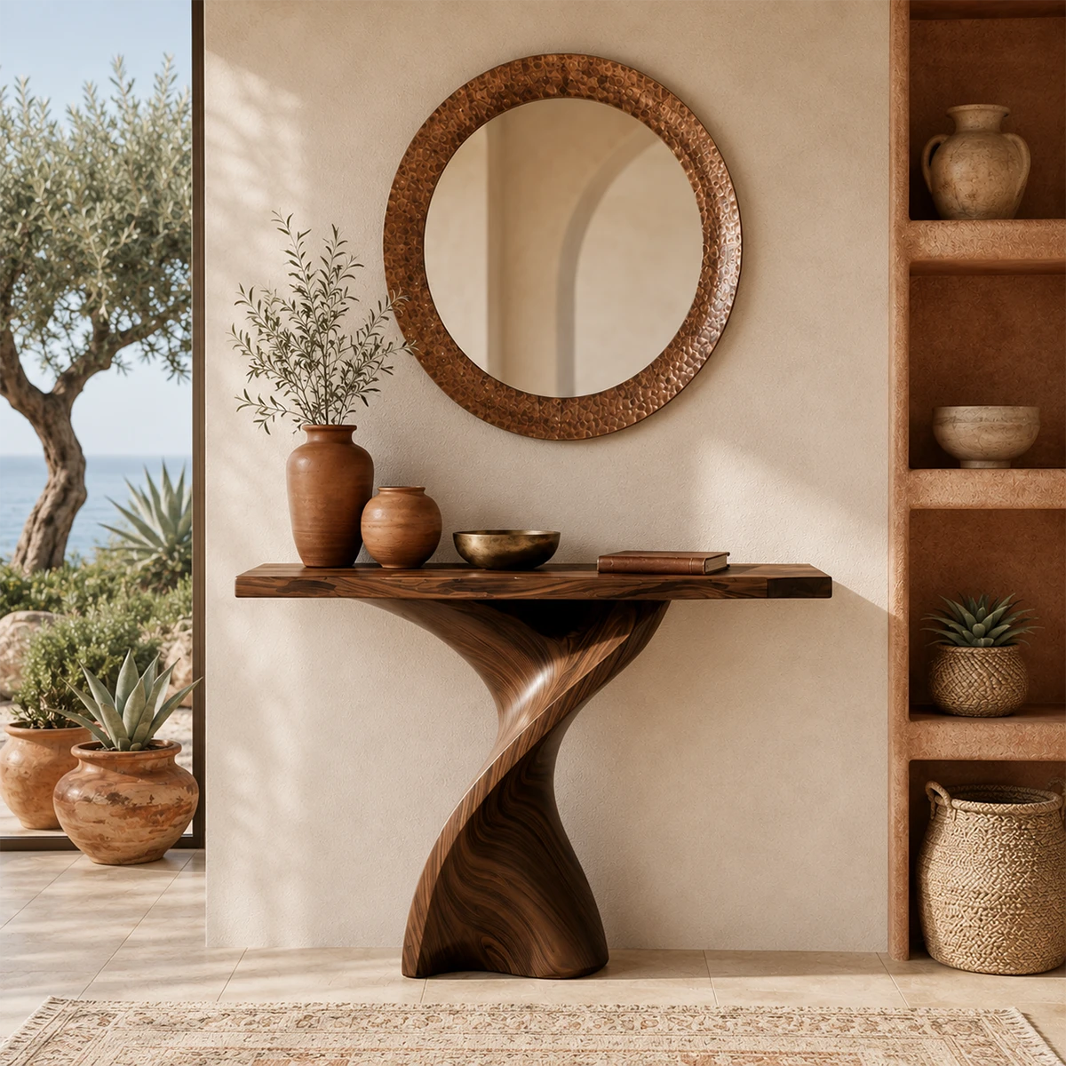 Sculptural console table with a twisted pedestal base in a warm coastal interior