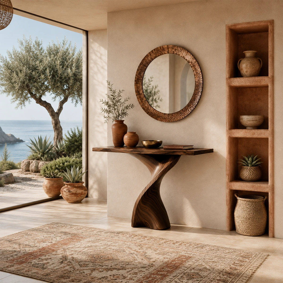 Organic modern console table styled beneath a round mirror in a serene airy room