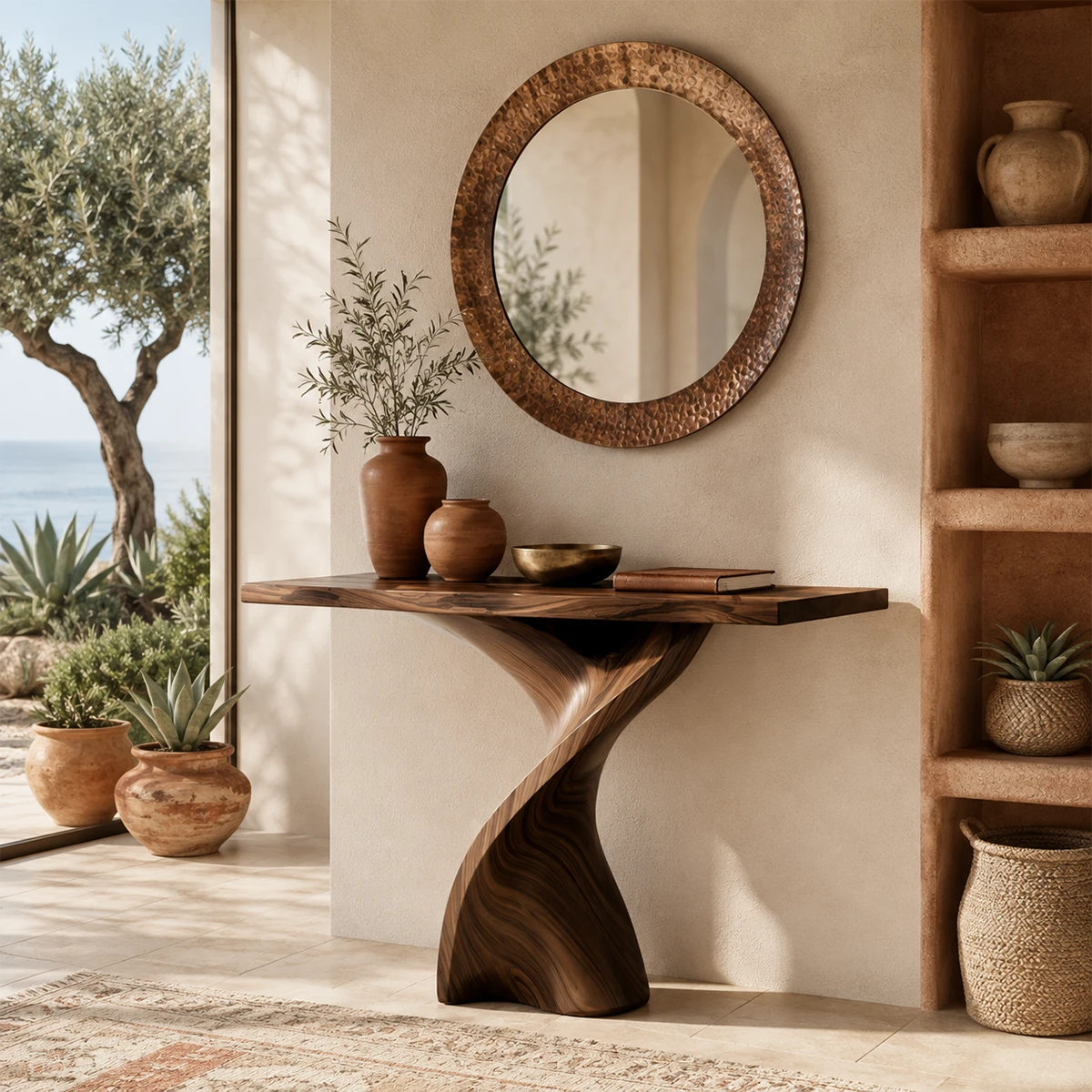 Entryway console table featuring a spiral support and sleek display top indoors today