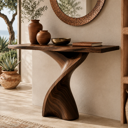 Designer hallway table with a sculpted pedestal form and rich wood tone finish indoors
