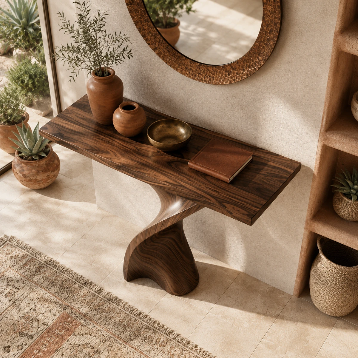 Narrow console table with a curved architectural base for refined foyer styling indoors