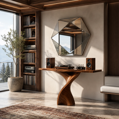 Artistic sofa table with a dramatic twisted support in a calm living room space indoors