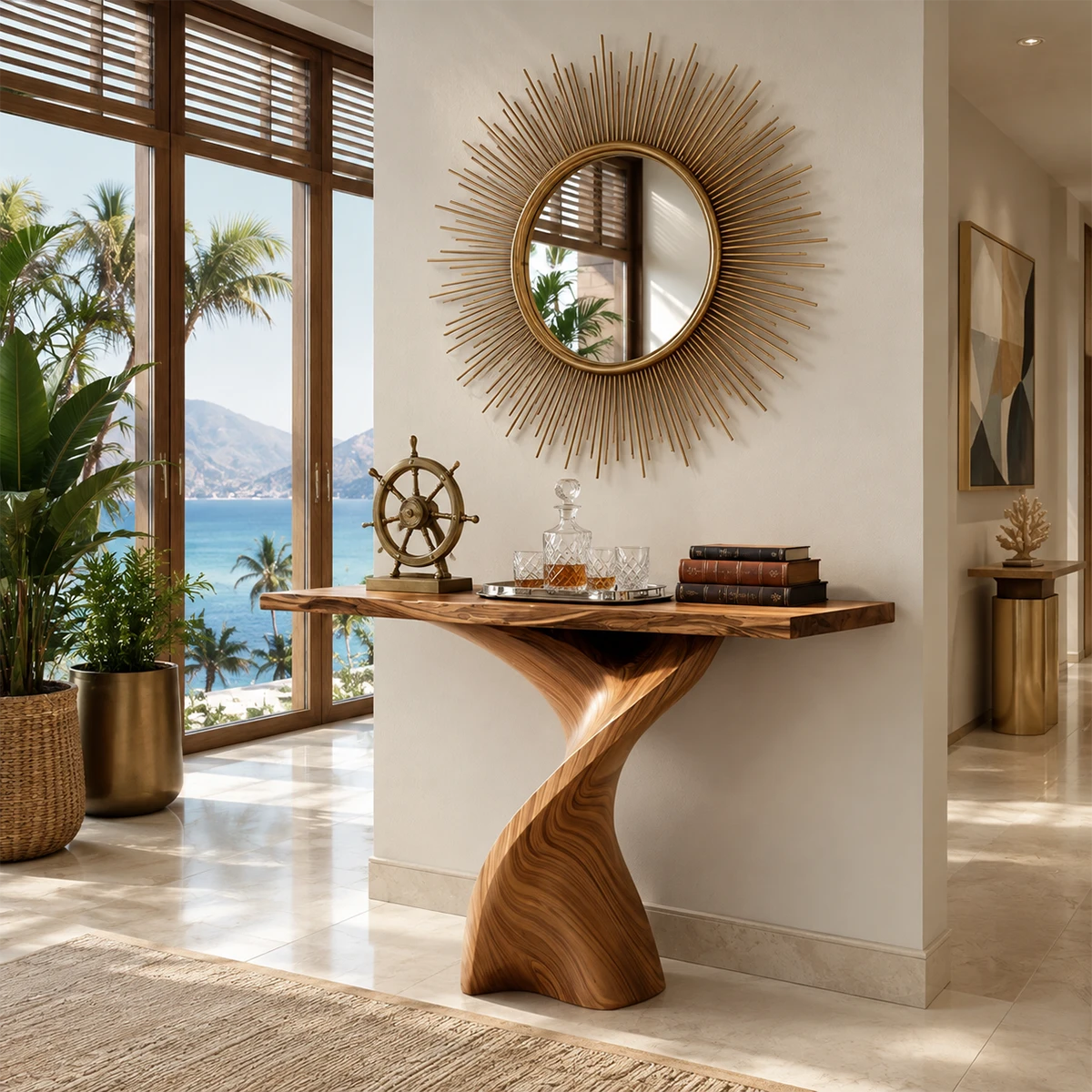 Modern accent console with flowing lines and visible grain in a bright home setting