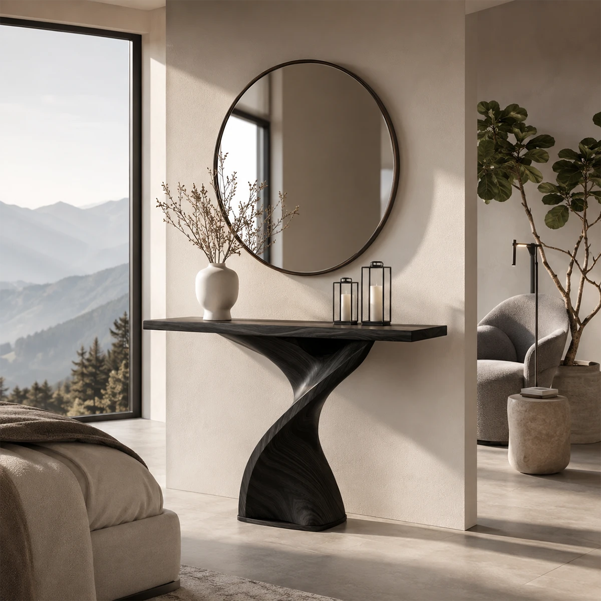 Curved console table displayed with decor in a relaxed Mediterranean style room indoors