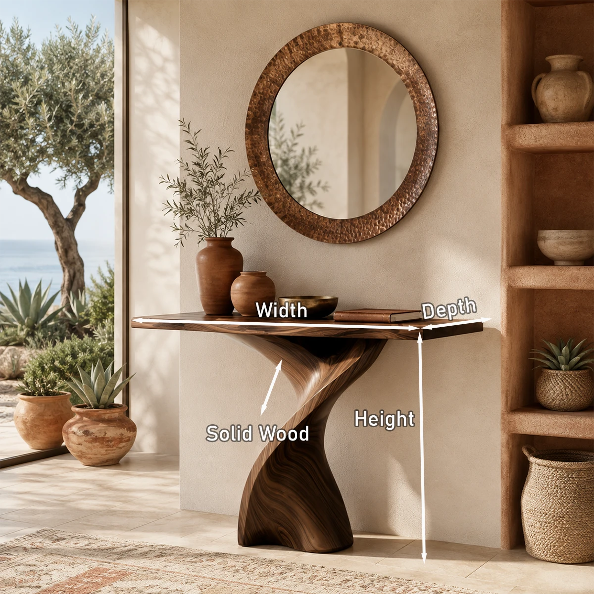 Statement console table blends sculptural form and warm finish in open interiors