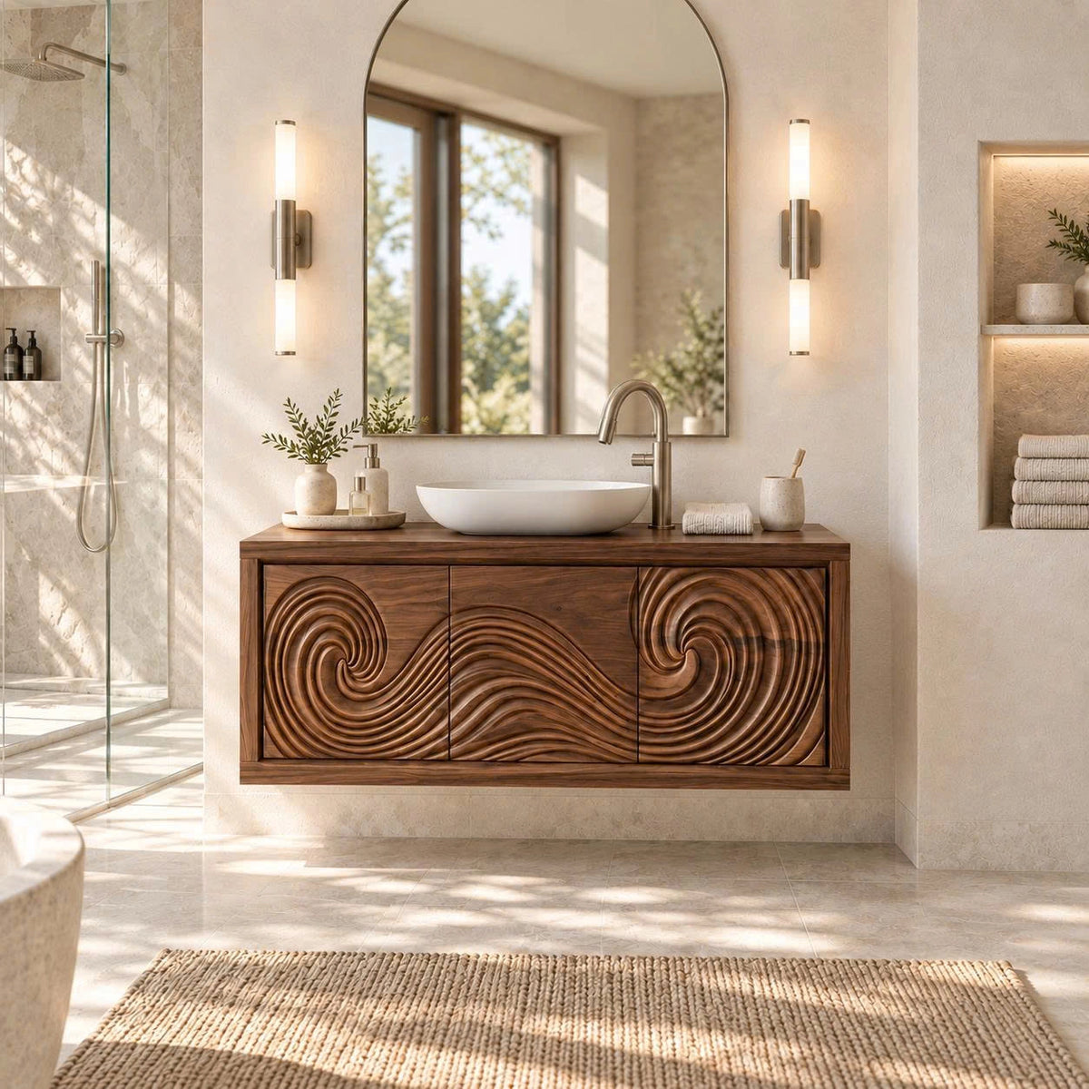 Modern artisan vanity in natural solid wood with carved circular motion front design