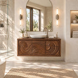 Modern artisan vanity in natural solid wood with carved circular motion front design