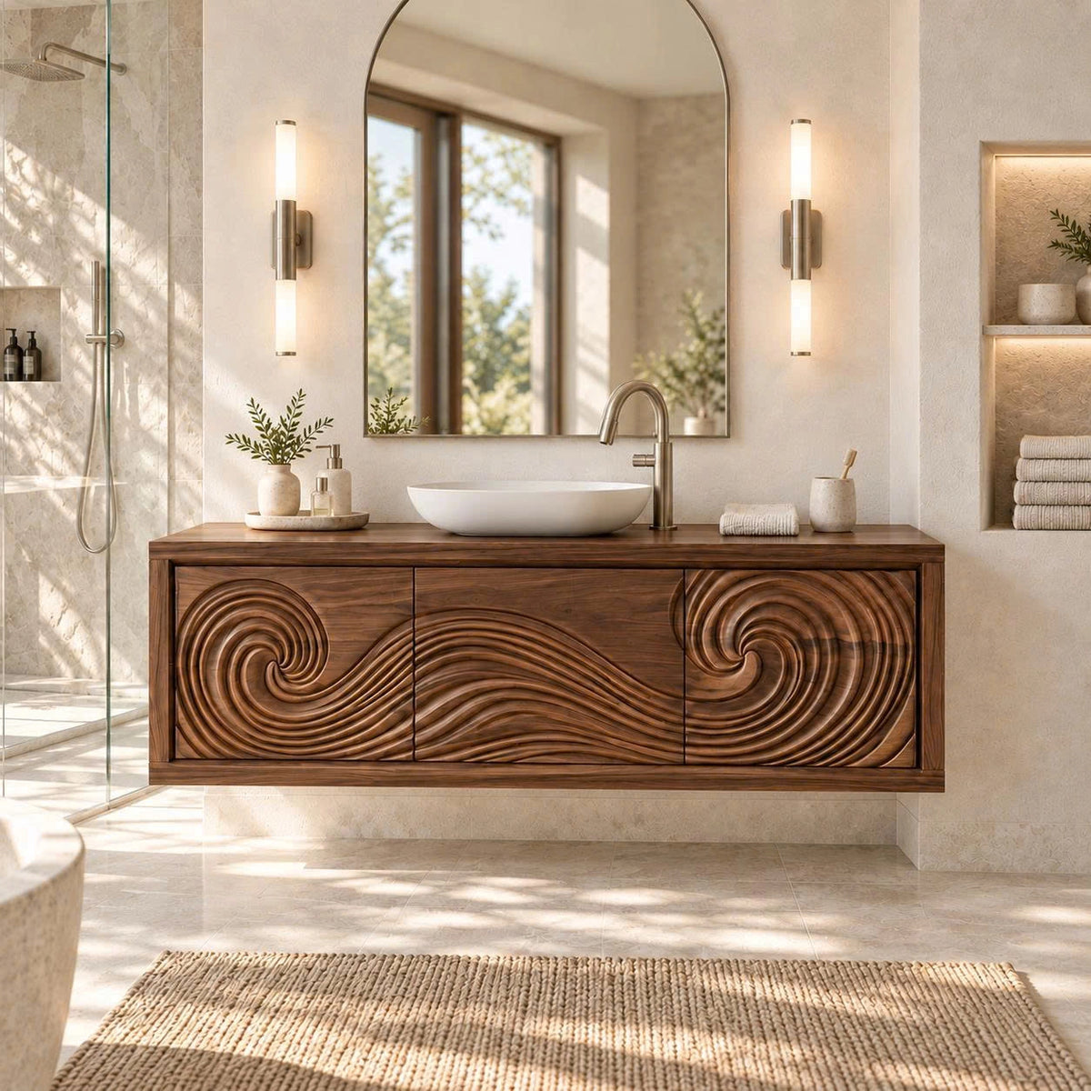 Natural solid wood bathroom vanity with three doors and coordinated spiral relief art