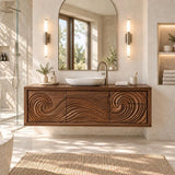 Natural solid wood bathroom vanity with three doors and coordinated spiral relief art