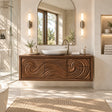 Sculptural bathroom vanity in natural solid wood with twin spiral doors and floating form