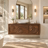 Sculptural bathroom vanity in natural solid wood with twin spiral doors and floating form