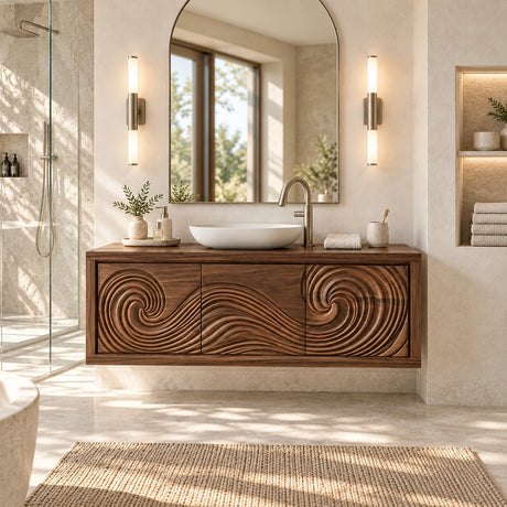 Sculptural bathroom vanity in natural solid wood with twin spiral doors and floating form