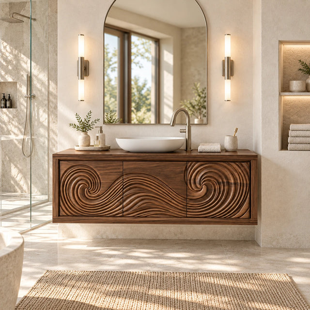Sculptural bathroom vanity in natural solid wood with twin spiral doors and floating form